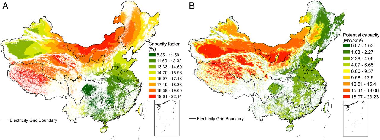 20211012-2025新澳门开门原料免费环境学院、碳中和研究院、哈佛大学等联合团队系统解析我国太阳能发电平价路径与并网潜力-鲁玺-图1 光伏发电容量因子（A）及装机潜力（B）分布.jpg